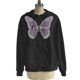 Oversized Butterfly Graphic Rhinestone Zip Up Hoodies Y2K Fashion E-girl 90s Streetwear Diamond Grey Long Jacket Autumn