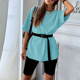 New Casual Solid Women's Two Piece Suit with Belt Solid Color Home Loose Sports Fashion Leisure Suit Summer Clothing