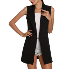 Women Solid Color Sleeveless Slim-Fit Long Lapel Pocket Waistcoat Formal Vest