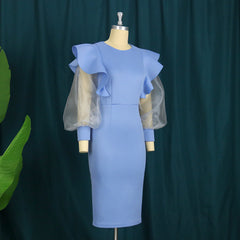 Pbong mid size graduation outfit romantic style teen swag clean girl ideas 90s latina aestheticWomen Blue Dress Ruffle Bodycon O Neck Long Tulle Sleeve See Through Pathwork Party Elegant Events Christmas Party Evening Robes