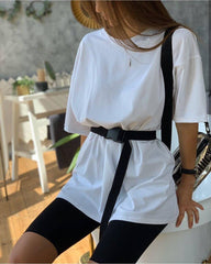 New Casual Solid Women's Two Piece Suit with Belt Solid Color Home Loose Sports Fashion Leisure Suit Summer Clothing