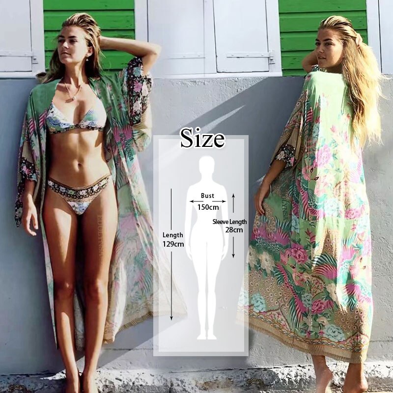 Bikini Cover-ups Bohemian Printed Long Kimono Cardigan Plus Size Chiffon Tunic Women Beach Wear Swim Suit Cover Up Q912