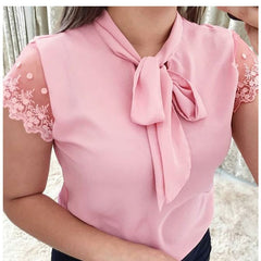 Pbong mid size graduation outfit romantic style teen swag clean girl ideas 90s latina aestheticS-5XL New  Lace Up Bow Tie Shirt Summer Lace Short Sleeve Solid Chiffon Casual Blouse Elegant Office Lady Blusas Woman Tops