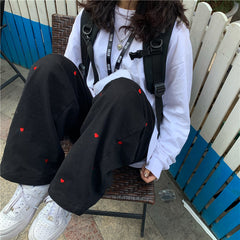 Women's Jeans Streetwear Casual Heart Shaped Embroidery Elastic Waist Vintage Baggy Straight Denim Trouser Mom Wide Leg Pants