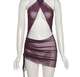 Mesh Bodycon Dress Women Hollow Out Halter Neck Summer Khaki See Through Sleeveless Party Y2K Mini Sexy Dresses