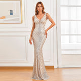 Women Beading Dress Long Prom Dress Deep V Neck Silver Sequin Evening Dress Sexy Party Maxi Dress