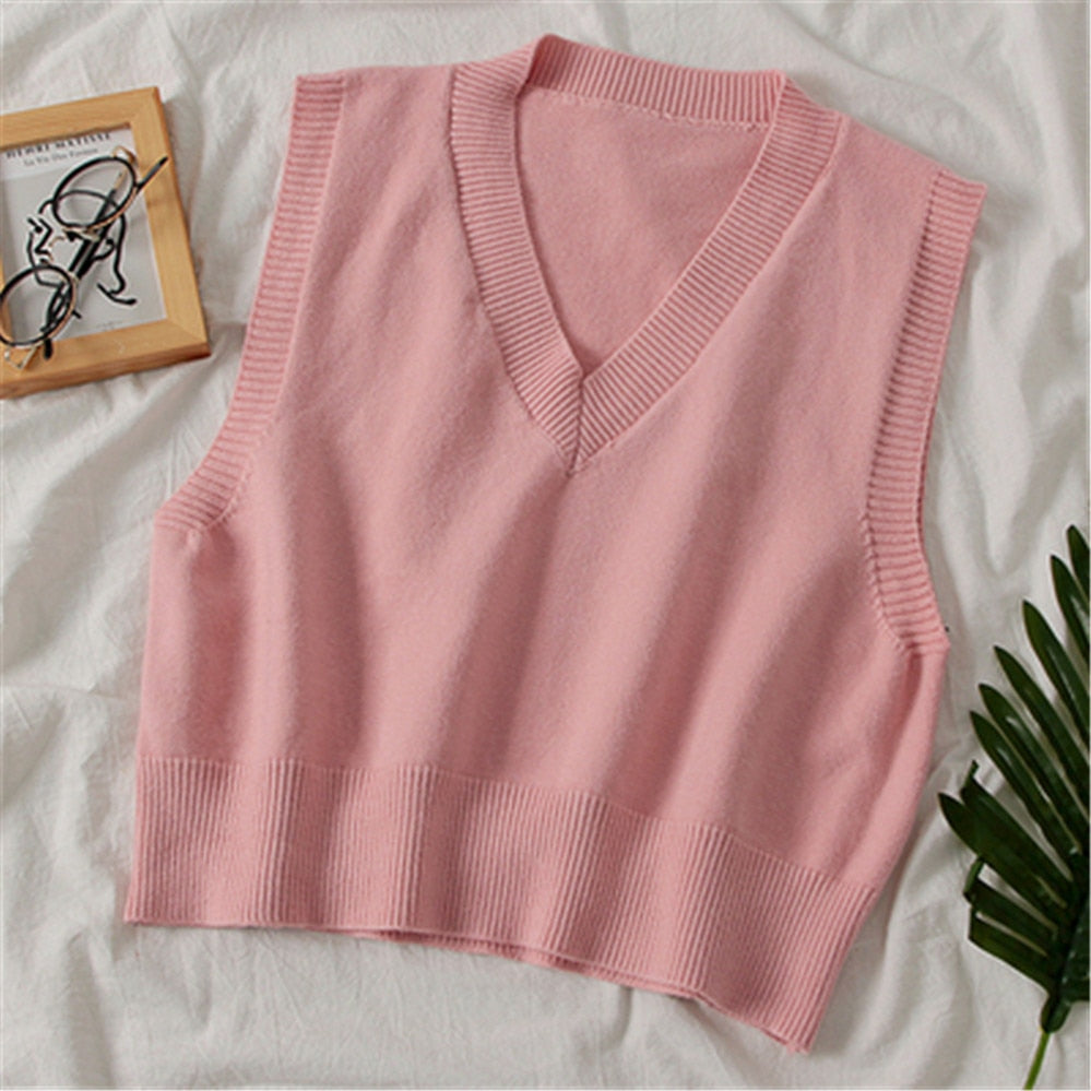 Fashion Autumn Women Sweater Korean Womens Elegant Student V-neck Pullover Loose Casual Knitting Tops Outerwear Vest PZ3410