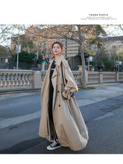 Korean Style Loose Oversized X-Long Women's Trench Coat Double-Breasted Belted Lady Cloak Windbreaker Spring Fall Outerwear Grey