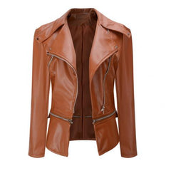 Women Autumn zipeer Soft Leather Jacket Coat Turn-down Collar Casual Pu Motorcycle Black Punk Outerwear