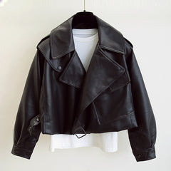 FTLZZ New Spring Women Faux Leather Jacket Biker Red White Coat Turndown Collar PU Motorcycle Jackets Loose Streetwear Outerwear