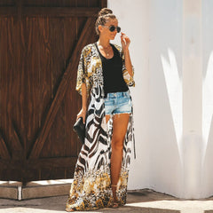 Bikini Cover-ups Bohemian Printed Long Kimono Cardigan Plus Size Chiffon Tunic Women Beach Wear Swim Suit Cover Up Q912