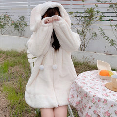 Sweet Warm Jacket Women Spring Fall Winter Japanese Kawaii Lolita Lambswool Ruffles Rabbit Ears Hooded Coats Girls Parka Outwear