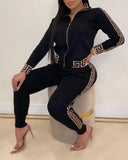 Women Elegant Fashion Two -Pieces Suit Sets Female Stylish Plus Size Greek Fret Print Coat & Pant Sets