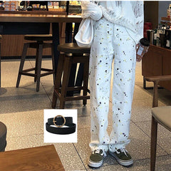 new color graffiti dye printing high waist pants casual all-match white loose straight-leg jeans women pants  cargo pants