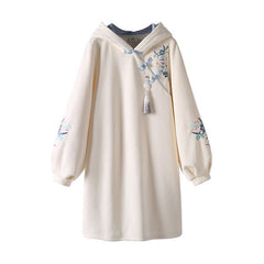 Chinese Style Hooded Stitching Vestido Cheongsam Embroidery Sweatshirt Dress Spring Autumn Women Buckle Thick Harajuku Dresses