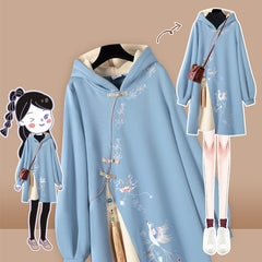 Chinese Style Hooded Stitching Vestido Cheongsam Embroidery Sweatshirt Dress Spring Autumn Women Buckle Thick Harajuku Dresses