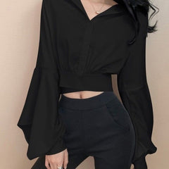 Spring Sexy Y2k Blouse Women V Neck Button Long Sleeve Vintage Casual Crop Tops Female Outdoor Korean Fashion Chiffon Shirt