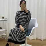Autumn And Winter New Large Size Long Sweater Dress Women Loose Striped Knitted Sweater Korea Style Casual Knit Dresses