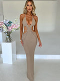 Crochet Halter Sleeveless Backless Solid Hollow Out Bandage Sexy Slim Maxi Prom Dress Winter Festival Party Outfit