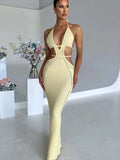 Crochet Halter Sleeveless Backless Solid Hollow Out Bandage Sexy Slim Maxi Prom Dress Winter Festival Party Outfit