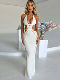 Crochet Halter Sleeveless Backless Solid Hollow Out Bandage Sexy Slim Maxi Prom Dress Winter Festival Party Outfit
