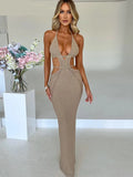Crochet Halter Sleeveless Backless Solid Hollow Out Bandage Sexy Slim Maxi Prom Dress Winter Festival Party Outfit