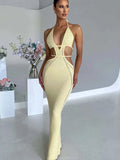 Crochet Halter Sleeveless Backless Solid Hollow Out Bandage Sexy Slim Maxi Prom Dress Winter Festival Party Outfit