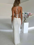 Crochet Halter Sleeveless Backless Solid Hollow Out Bandage Sexy Slim Maxi Prom Dress Winter Festival Party Outfit