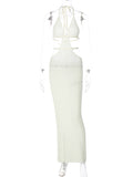 Crochet Halter Sleeveless Backless Solid Hollow Out Bandage Sexy Slim Maxi Prom Dress Winter Festival Party Outfit