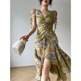 Fashion Printing Summer Woman Dress Korean Drawstring Short Sleeve V-neck Vestido Femme Irregular Ruffle A-line Dresses