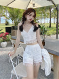 Korean Beach Style Sexy 3 Piece Bikini Sets Summer Vacation Knited Lace Swimwear With Embroidery Cover up Women Biquinis