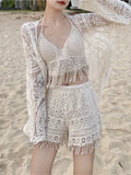 Korean Beach Style Sexy 3 Piece Bikini Sets Summer Vacation Knited Lace Swimwear With Embroidery Cover up Women Biquinis