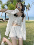 Korean Beach Style Sexy 3 Piece Bikini Sets Summer Vacation Knited Lace Swimwear With Embroidery Cover up Women Biquinis