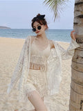 Korean Beach Style Sexy 3 Piece Bikini Sets Summer Vacation Knited Lace Swimwear With Embroidery Cover up Women Biquinis