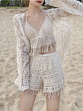 Korean Beach Style Sexy 3 Piece Bikini Sets Summer Vacation Knited Lace Swimwear With Embroidery Cover up Women Biquinis
