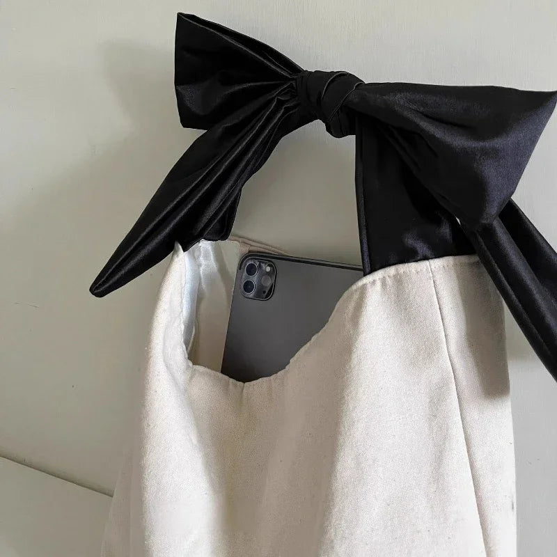 Korean Sweet Y2k Fashion Shoulder Underarm Bag Casual Canvas Simple Clutches Trendy Chic All Match Bow Design Purse and Handbags
