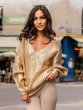 Low-cut V Neck Metallic Color Pullover Women Long Sleeve Warm Knitted Sweater Autumn Winter Chic Office Ladies Knitwear