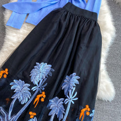 Autumn Spring Blue Knit Tops and Embroidery A-line Midi Skirt Two piece Sets Women Runway Design Fashion Knit Set Suit M69511