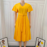 Pbong mid size graduation outfit romantic style teen swag clean girl ideas 90s latina aestheticWomen Pleated Dresses High Waist Short Sleeves A Line Modest African Office Ladies Work Wear Date Elegant Classy Robes Vestidos