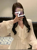 Pure Color French Elegant Dress Woman Long Sleeve Fairy Midi Dress Casual Summer Slim Party One Piece Dress Korean Design