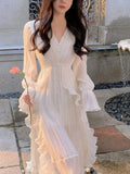 Pure Color French Elegant Dress Woman Long Sleeve Fairy Midi Dress Casual Summer Slim Party One Piece Dress Korean Design