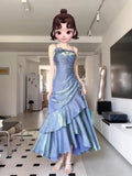 Retro Women's Evening Party Dresses Dubai Solid Sleeveless Ruffles Long Skirt Elegant Banquet Gown Prom Dress for Women Vestidos