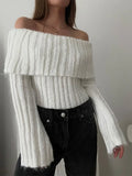 Rib Knit Off Shoulder Pullover For Women Fashion Long Sleeved White Warm Knitwear Sweater Autumn Chic Female Street Jumper