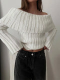 Rib Knit Off Shoulder Pullover For Women Fashion Long Sleeved White Warm Knitwear Sweater Autumn Chic Female Street Jumper