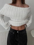 Rib Knit Off Shoulder Pullover For Women Fashion Long Sleeved White Warm Knitwear Sweater Autumn Chic Female Street Jumper