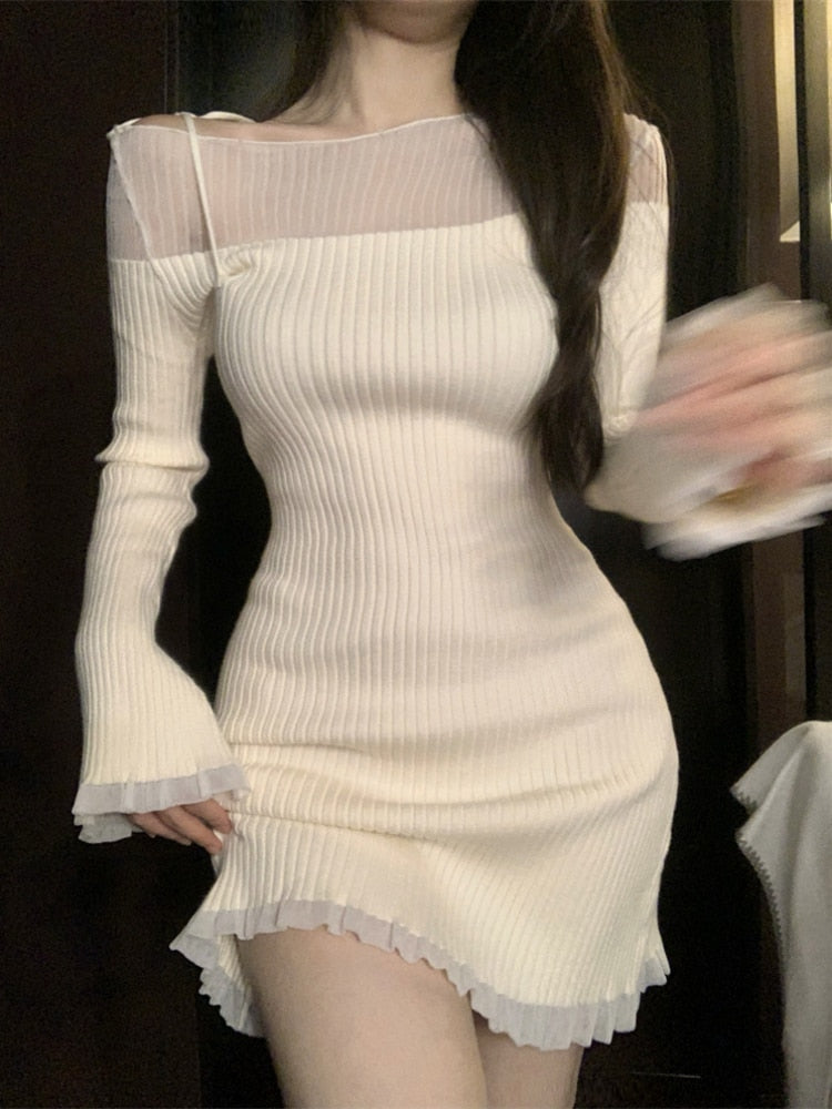 Slim Bodycon Y2k Mini Dress Female Party Casual One Piece Dress Korean Fashion Spring French Elegant Knitted Dress Woman