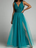 Sexy V Neck Shiny Mesh Puff Sleeve Dress Elegant Summer Waist Slit Slim Party Dress Women Fashion Solid Chic Pleated Long Dress