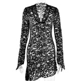 Sexy See Through V-neck Longsleeve Lace Mini Dress Women Summer Skinny Hollow Out Dresses Club Party Clothes