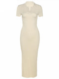 Elegant Knitted Short Sleeve Bodycon Maxi Dress Women Summer Sexy Backless Bandage Streetwear Solid Stretch Lady Dresses
