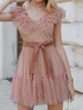 Sexy V Neck Mesh Sheer Beach Dress Elegant Butterfly Sleeve Ruffle Long Dress Women Fashion Belted Lace-up Party Dress Vestidos